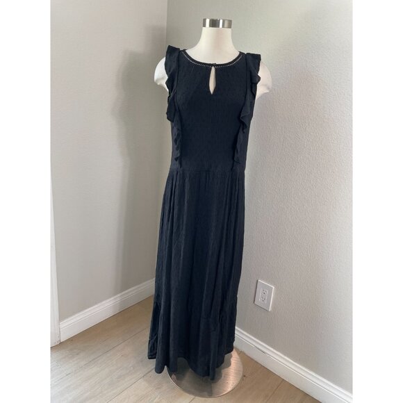 NEW Old Navy Dress Womens Large Tall Black Clip Dot Midi Ruffle Sleeve Keyhole - Picture 1 of 11